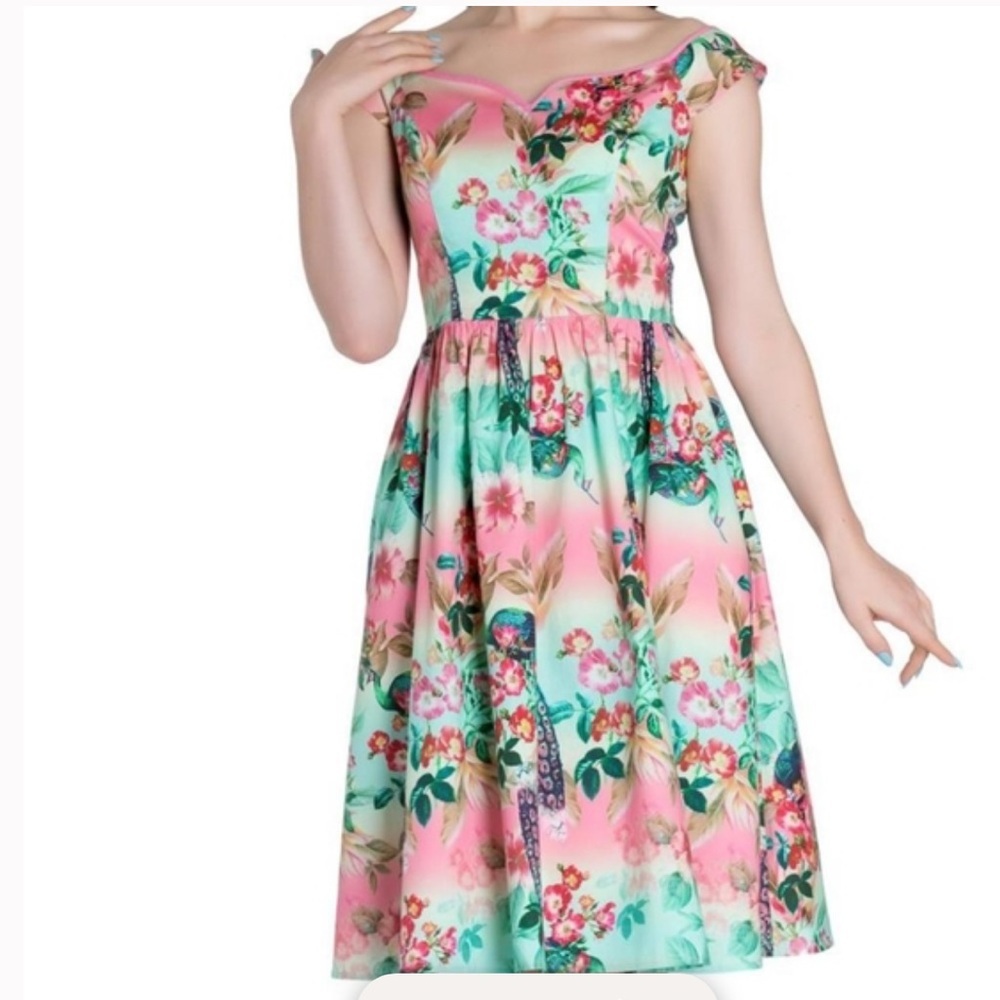 Hell Bunny Off Shoulder Peacock Pin Up Dress